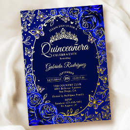 ロイヤルブルー ゴールド バタフライ バラ Quinceanera 箔招待状