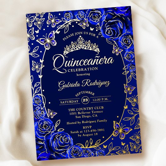 ロイヤルブルー ゴールド バタフライ バラ Quinceanera 箔招待状