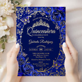 ロイヤルブルー ゴールド バタフライ バラ Quinceanera 箔招待状