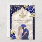 ロイヤルブルー ゴールド フラワー アナンド・カラージ シク教の結婚式 招待状 (正面)