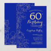 ロイヤルブルー ゴールド フローラル 60歳の誕生日 招待状 (正面/裏面)