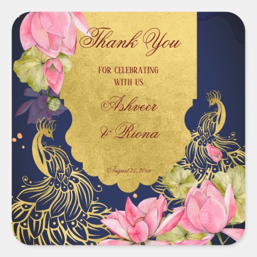 ロイヤルブルー ゴールド ペアック ロータス インドの結婚式 スクエアシール (正面)