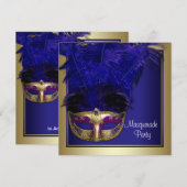 ロイヤルブルー ゴールド マスカレードパーティー 招待状 (正面/裏面)