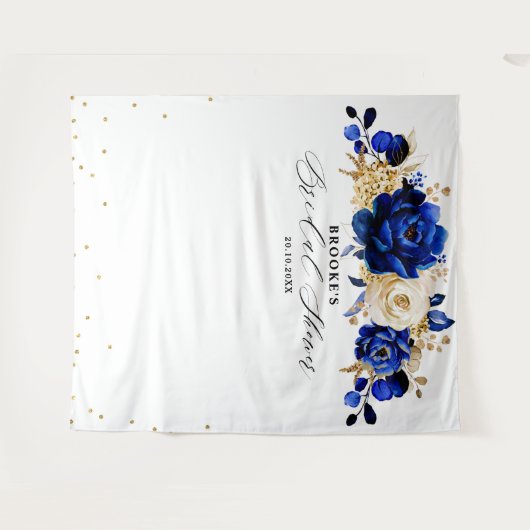 ロイヤルブルー ゴールド メタリック フラワー ブライダルシャワー タペストリー (正面(横))