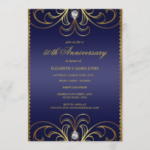 ロイヤルブルー&ゴールド 50周年結婚記念日招待状 招待状