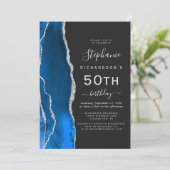 ロイヤルブルー シルバー アゲート ダーク 50歳 誕生日パーティー 招待状 (スタンド正面)