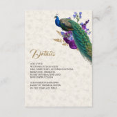 ロイヤルブルー・パープルの花と孔雀の結婚式の詳細 エンクロージャーカード (正面)