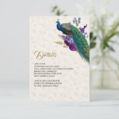 ロイヤルブルー・パープルの花と孔雀の結婚式の詳細 エンクロージャーカード (スタンド正面)