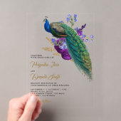 ロイヤルブルー・パープルの花柄インドクジャクの結婚式 アクリル招待状 (インサイチュ (ポータブル))