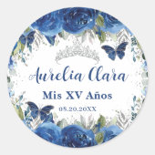 ロイヤルブルー フラワー ローズ バタフライ シルバー クラウン ラウンドシール (正面)