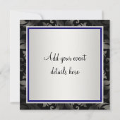 ロイヤルブルー ブラックタイ ブラックダマスク パーティー招待状 招待状 (裏面)