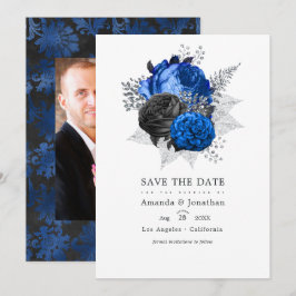ロイヤルブルー、ブラック、シルバーの花の結婚式の写真 セーブザデート