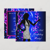ロイヤルブルー ホットピンク 21歳の誕生日パーティー 招待状 (正面/裏面)