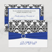 ロイヤルブルー・ホワイト・ブラックのダマスク返信カード 出欠カード (正面/裏面)