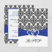 ロイヤルブルー・ホワイト・ブラックダマスク&ハートのRSVPカード 出欠カード (正面/裏面)