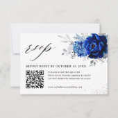 ロイヤルブルー ホワイト メタリック シルバー フラワー ウェディングQRコード 出欠カード (正面)