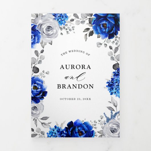 ロイヤルブルー ホワイト メタリック シルバー フローラル ウェディング トリ 三つ折り案内状 (カバー)