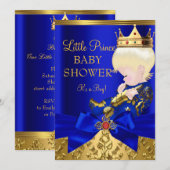 ロイヤルブルー レッド ゴールド プリンス 男の子 ベビーシャワー ブロンド 招待状 (正面/裏面)
