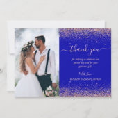 ロイヤルブルー+ローズゴールドのラメ 結婚式 カスタム写真 サンキューカード (正面)