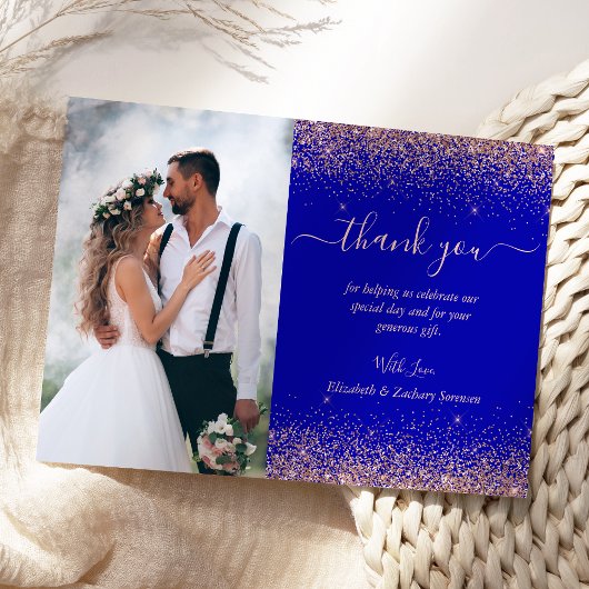 ロイヤルブルー+ローズゴールドのラメ 結婚式 カスタム写真 サンキューカード