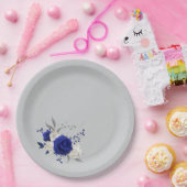 ロイヤルブルー ローズ 白い 花 グレー ペーパープレート (パーティー)