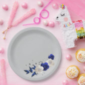 ロイヤルブルー 白 花 グレー ペーパープレート (パーティー)