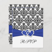 ロイヤルブルー、白、黒のダマスク＆ハーツの出欠カード 出欠カード (正面/裏面)