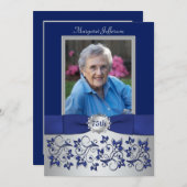 ロイヤルブルー、銀第75の写真の誕生日の招待状 招待状 (正面/裏面)