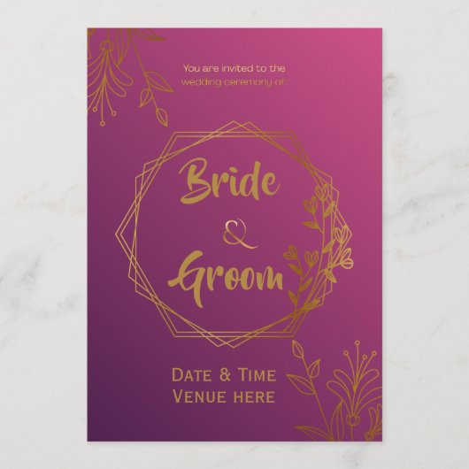 ロイヤルマゼンタとゴールドの結婚式招待状 セーブザデート (正面)