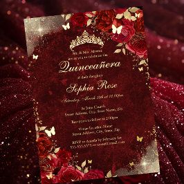 ロイヤルレッドゴールドの箔押しバタフライフラワー quinceanera 箔招待状