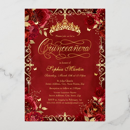 ロイヤルレッドゴールドバタフライローズキンセイェーラ 箔招待状 (正面)