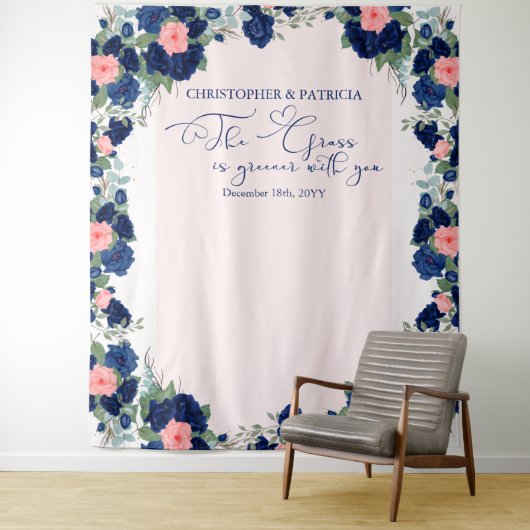 ロイヤルローズブルーコーラル フラワーボーダー ウェディング タペストリー (インサイチュ)