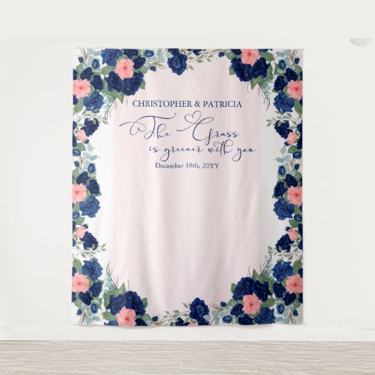 ロイヤルローズブルーコーラル フラワーボーダー ウェディング タペストリー (正面)