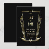 ロイヤル ゴールド ブラック アート デコ モノグラム セーブ ザ デート 招待状 (正面/裏面)