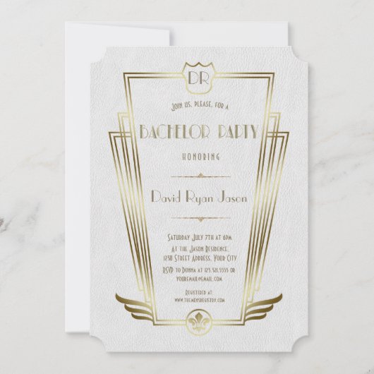 ロイヤル ゴールド ホワイト アートデコ モノグラム バチェラーパーティー 招待状 (正面)