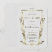 ロイヤル ゴールド ホワイト アートデコ モノグラム バチェラーパーティー 招待状 (正面/裏面)