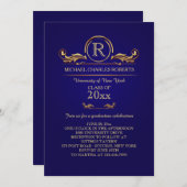 ロイヤル ゴールド モノグラム ブルー 卒業式招待状 招待状 (正面/裏面)