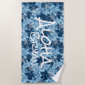 ロウアルハイビスカスハワイアン迷彩柄アロハモノグラムネイビー ビーチタオル (正面)