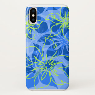 ロウアルハイビスカスハワイアン迷彩柄ブルー iPhone X ケース
