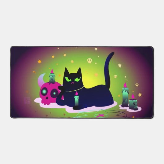 ロウソクとカモメのハロウィーン黒猫 デスクマット (正面)
