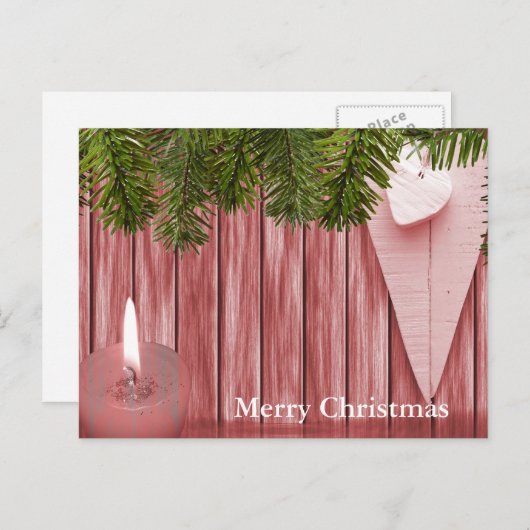 ロウソクとハートクリスマス付き木製の背景 シーズンポストカード (正面/裏面)