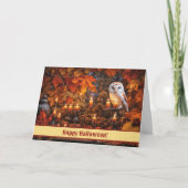 ロウソクと秋の葉のハロウィーンフクロウ カード (正面)