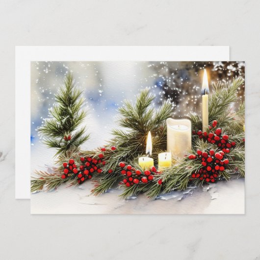 ロウソクの果実とモミの予算クリスマス シーズンカード (正面/裏面)