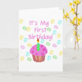 ロウソクファースト付きピンクカップケーキ誕生日 カード (黄色い花)
