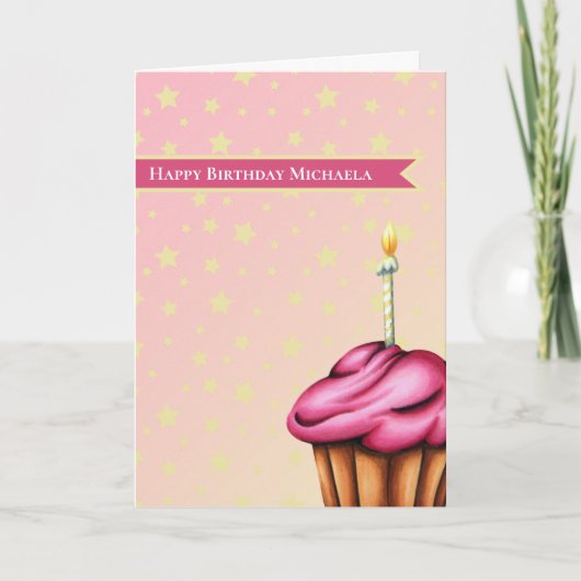 ロウソク付きピンクカップケーキパーソナライズされた誕生日 カード (正面)