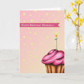 ロウソク付きピンクカップケーキパーソナライズされた誕生日 カード (黄色い花)