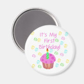 ロウソク付きピンクカップケーキ第1誕生日 マグネット (正面/裏面)