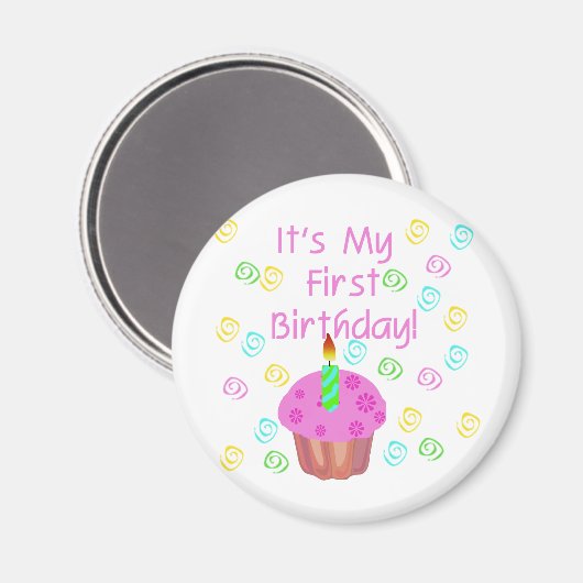 ロウソク付きピンクカップケーキ第1誕生日 マグネット (正面/裏面)