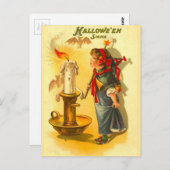 ロウソク付き可愛いハロウィーンの魔女 ポストカード (正面/裏面)