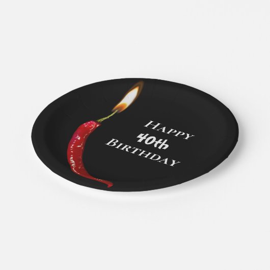 ロウソク炎の赤い唐辛子40歳の誕生日 ペーパープレート (アングル)